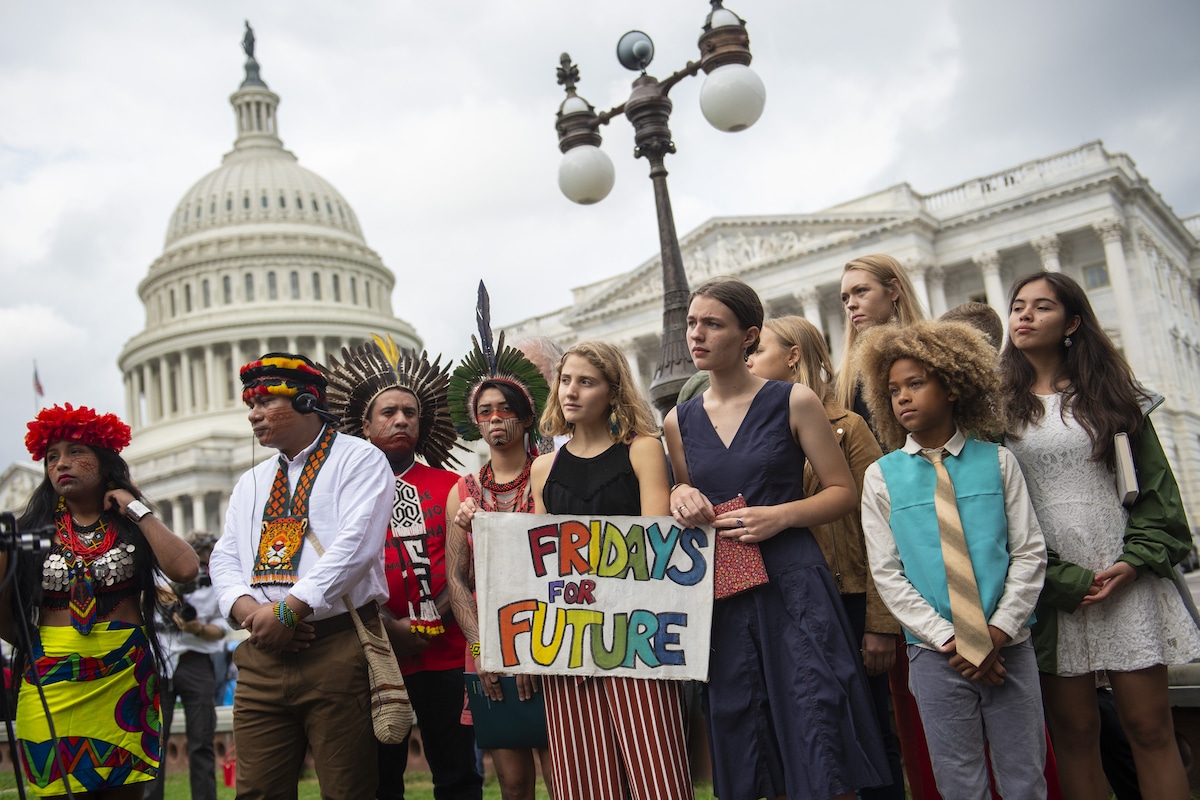 Indigenous Amazonian leaders from Brazil and Ecuador take part in a media event inspired by young environmental activists and Greta Thunberg