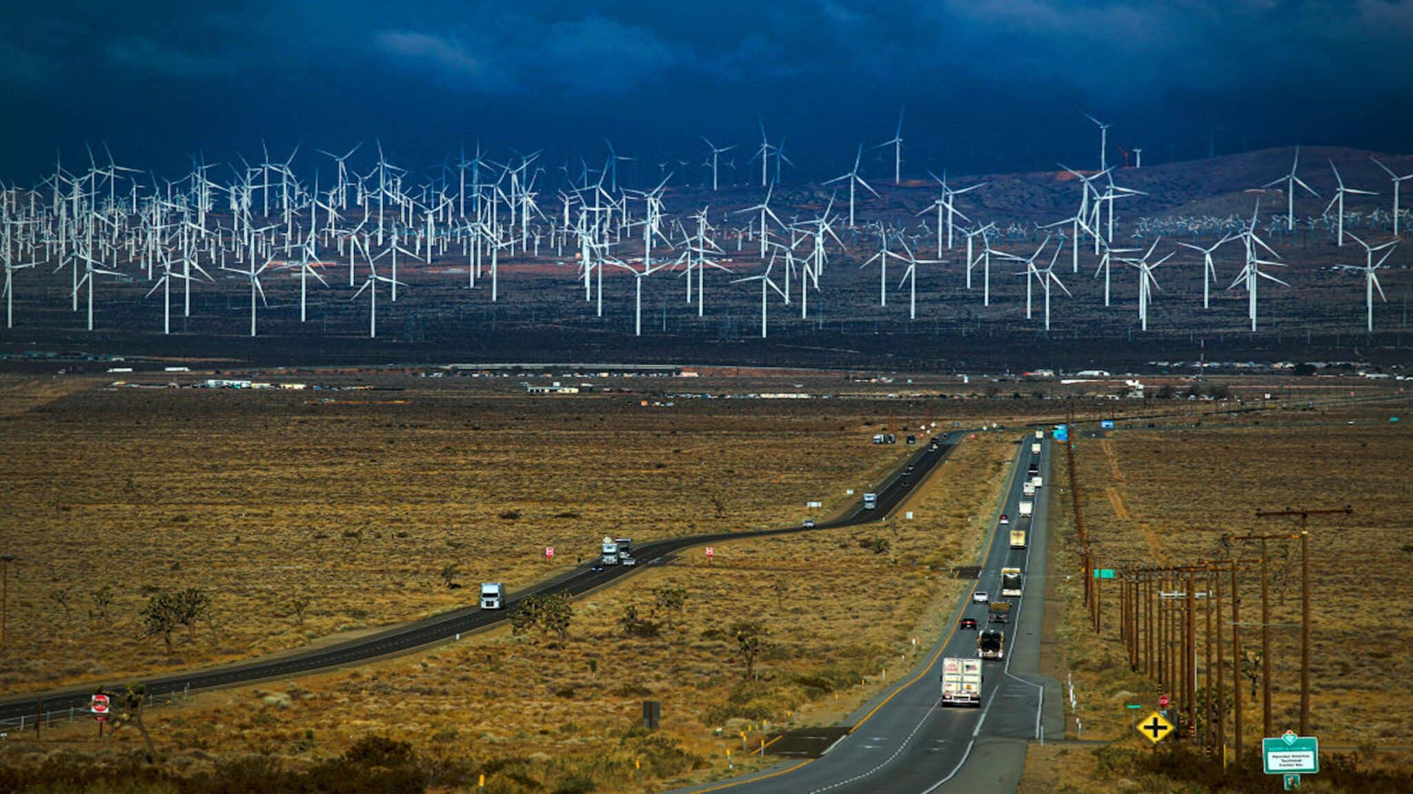 A view of wind turbines from Highway 58 in Mojave, California.