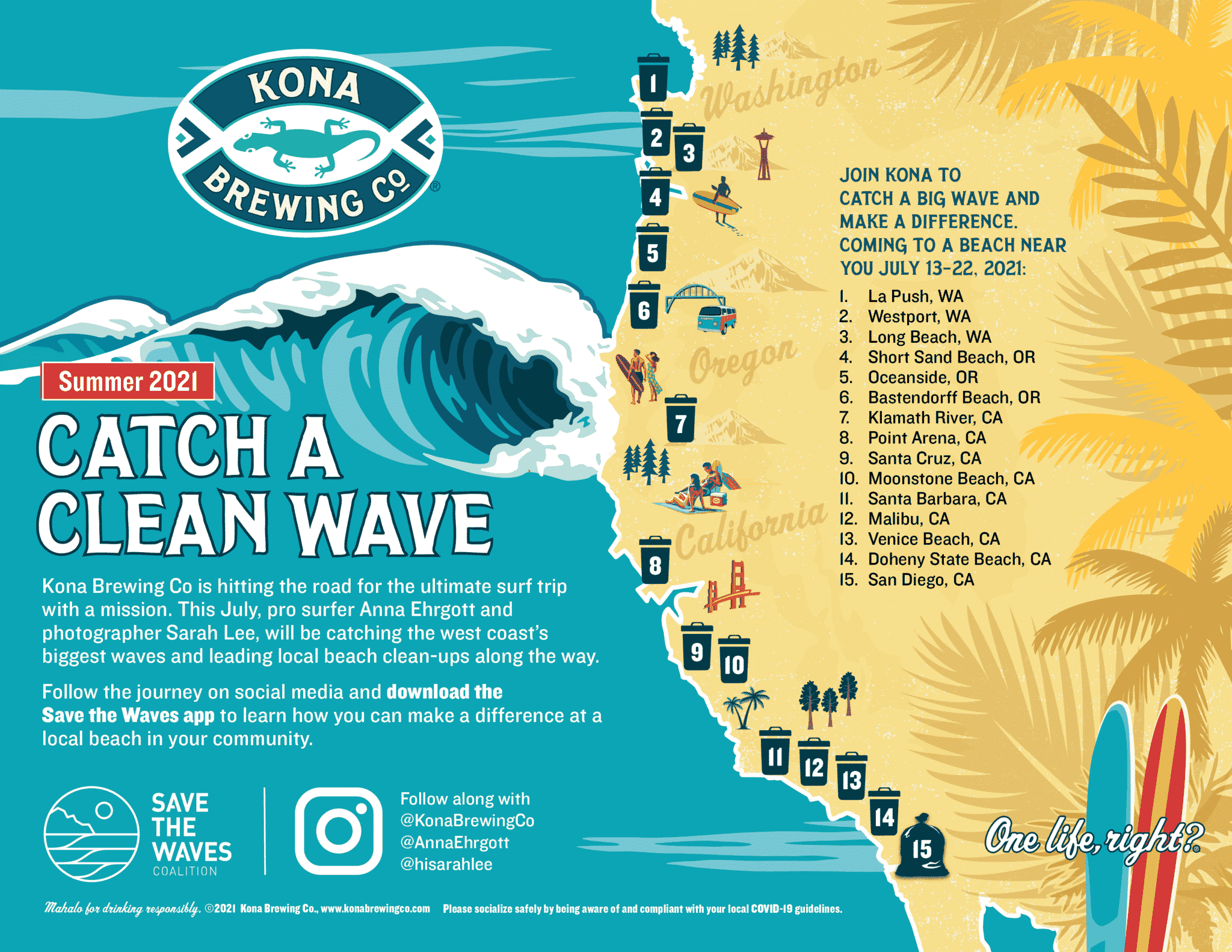 A map shows the 15 stops on the Catch A Clean Wave journey.