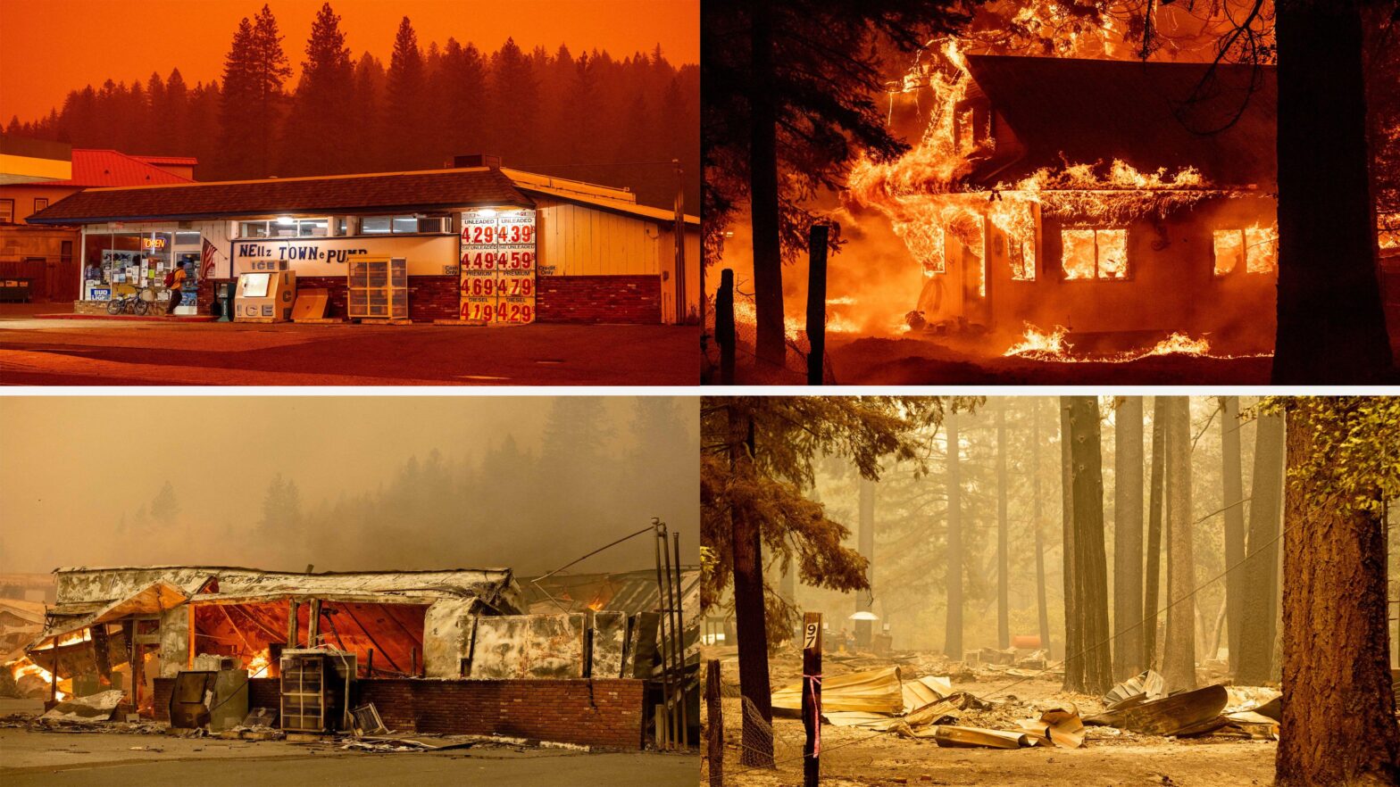 Before and after photos of a gas station and a home, destroyed by the Dixie Fire in California.