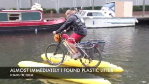 Floating Bicyclist Sweeps Plastic From London Waterways