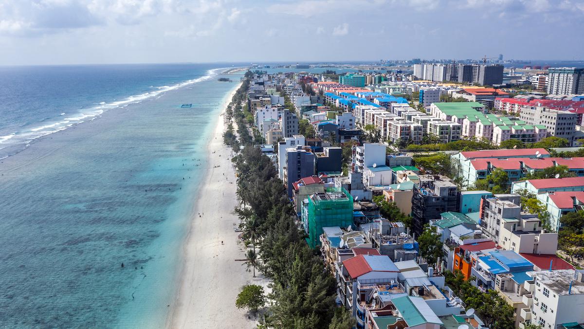 Buildings on Hulhumale, an artificial island built up to 10 feet above sea level in Male, Maldives.