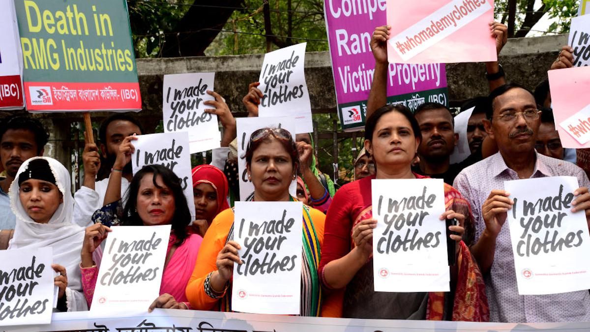 Protesters demanding safe workplaces for garment workers mark the sixth anniversary of the of the Rana Plaza building collapse disaster.