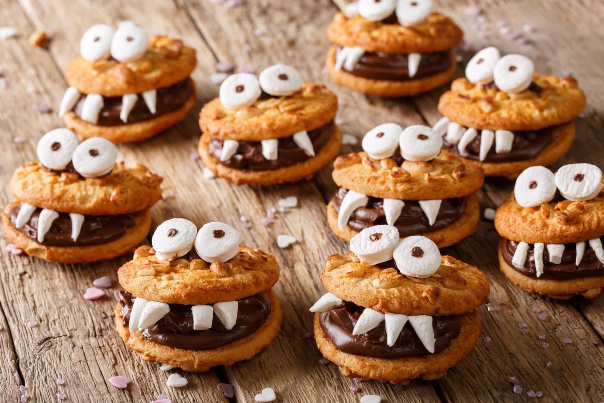 Toothed monsters of cookies close-up for Halloween