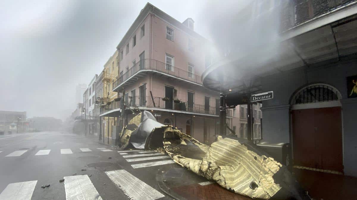 ​A section of a building's roof blown off from Hurricane Ida in New Orleans.
