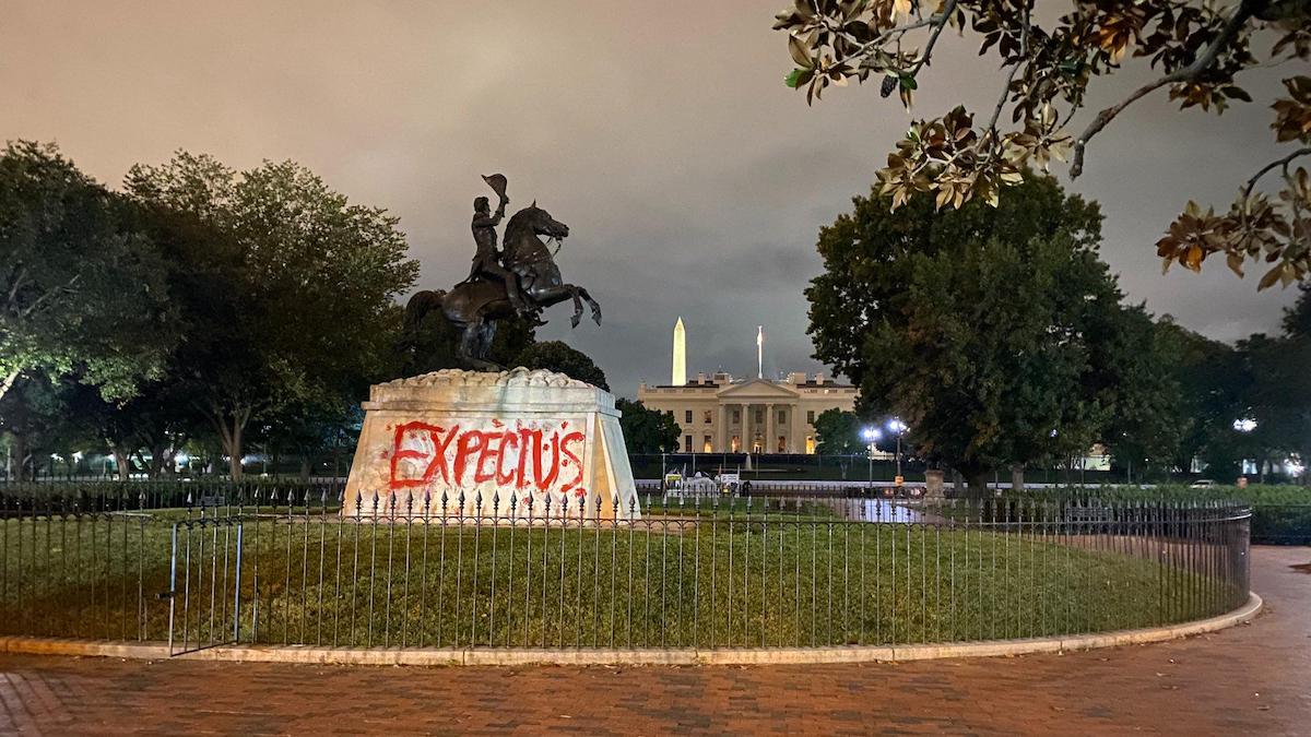 IEN organizers wrote "Expect Us" on the statue of Andrew Jackson in front of the White House.