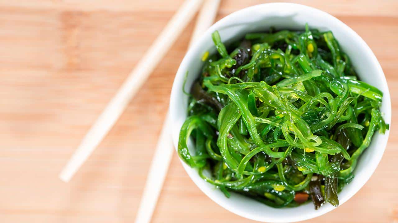 Healthy Kelp Salad in a bowl on wooden background (close-up shot)