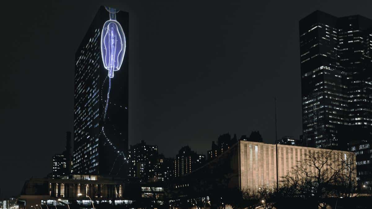 <wbr />The image of a siphonophore was projected onto the facade of the UN building.