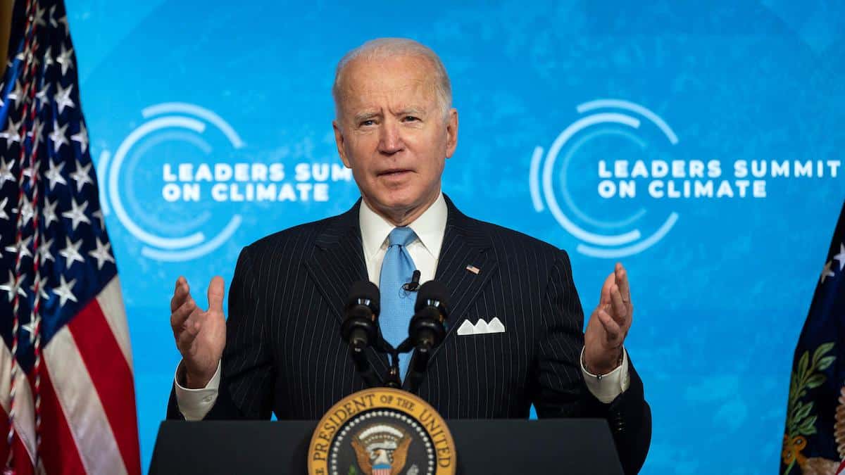 President Joe Biden delivers remarks during the virtual Leaders Summit on Climate.