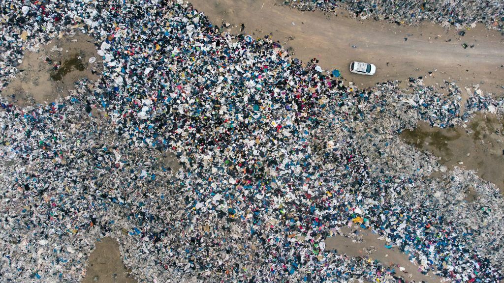 Aerial view of used clothes discarded in the Atacama desert