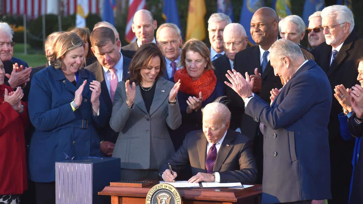 President Joe Biden signs the Bipartisan Infrastructure Deal.