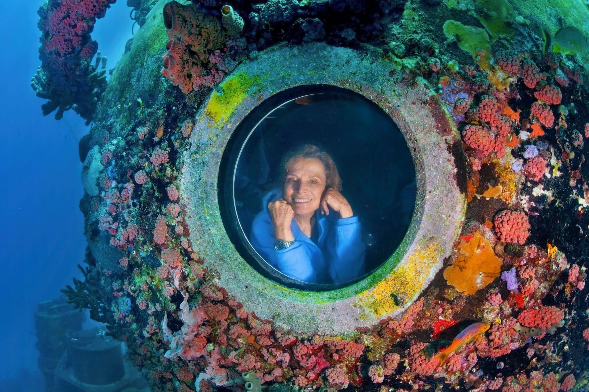 Sylvia Earle sits in the window of the Aquarius underwater research laboratory in Key Largo, Florida.