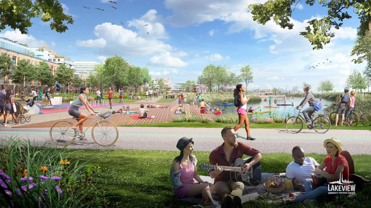 An artist's rendering of a waterfront trail at Lakeview Village. 