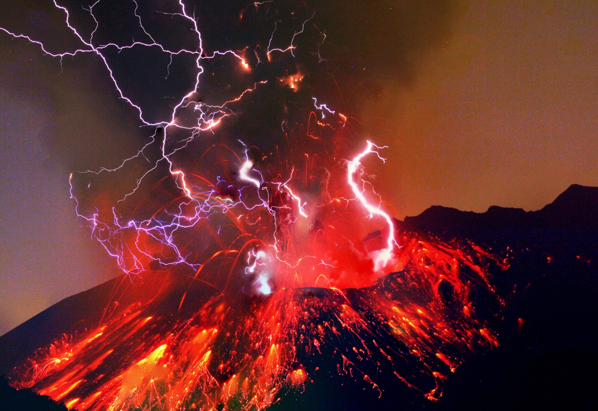 glowing lava and volcanic lightning