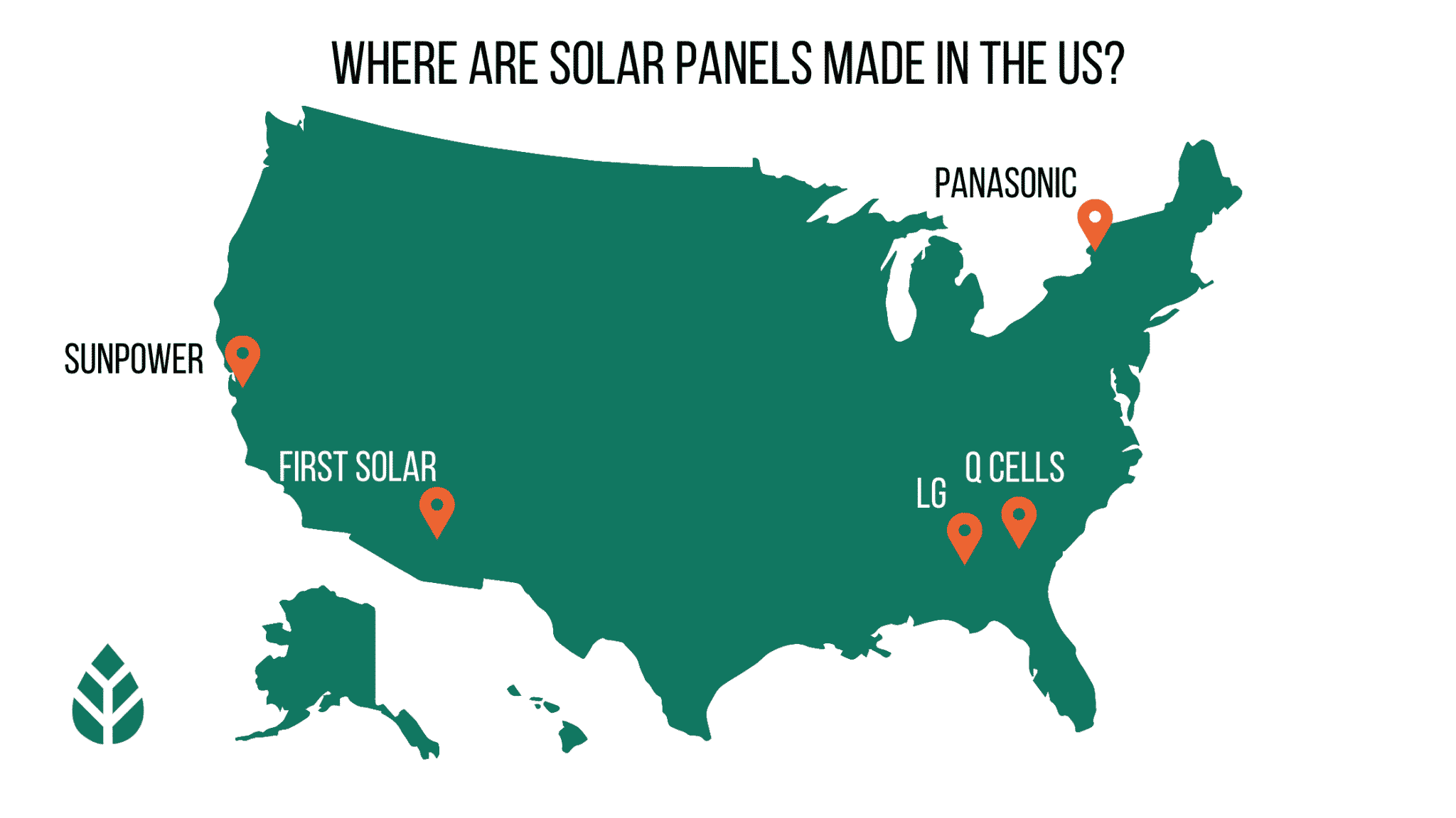 map of where solar panels are made in the U.S. including headquarters of domestic manufacturing facilities for top solar companies