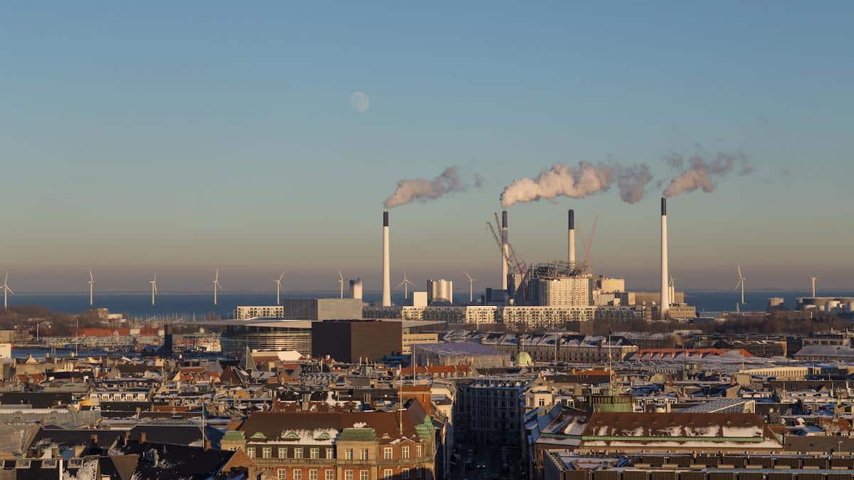 The skyline of Copenhagen, Denmark with the Amager power plant.