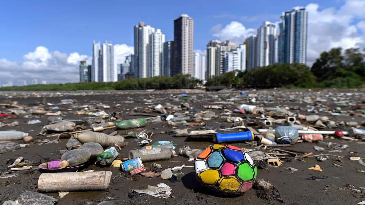 Garbage, including plastic waste, on a beach in Panama.