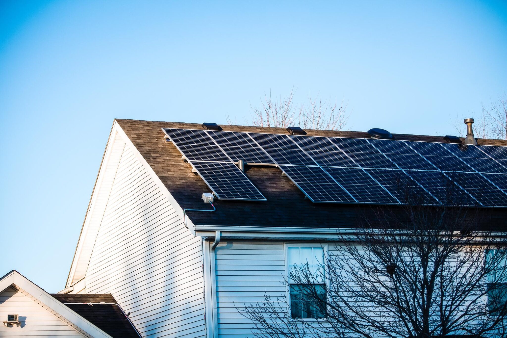 solar panels on the roof of a house in winter in Cherry Valley, Illinois