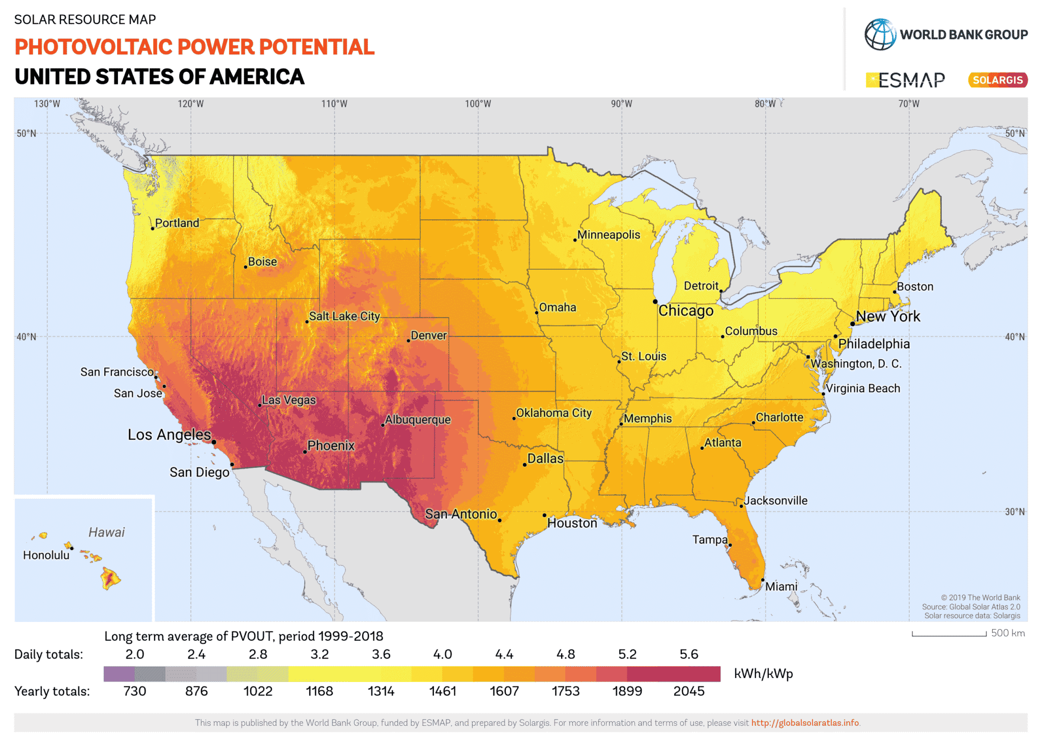 Solar Resource Map. Photovoltaic Power Potential United States Of America