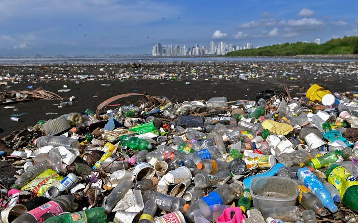Plastic pollution on a Panama beach.