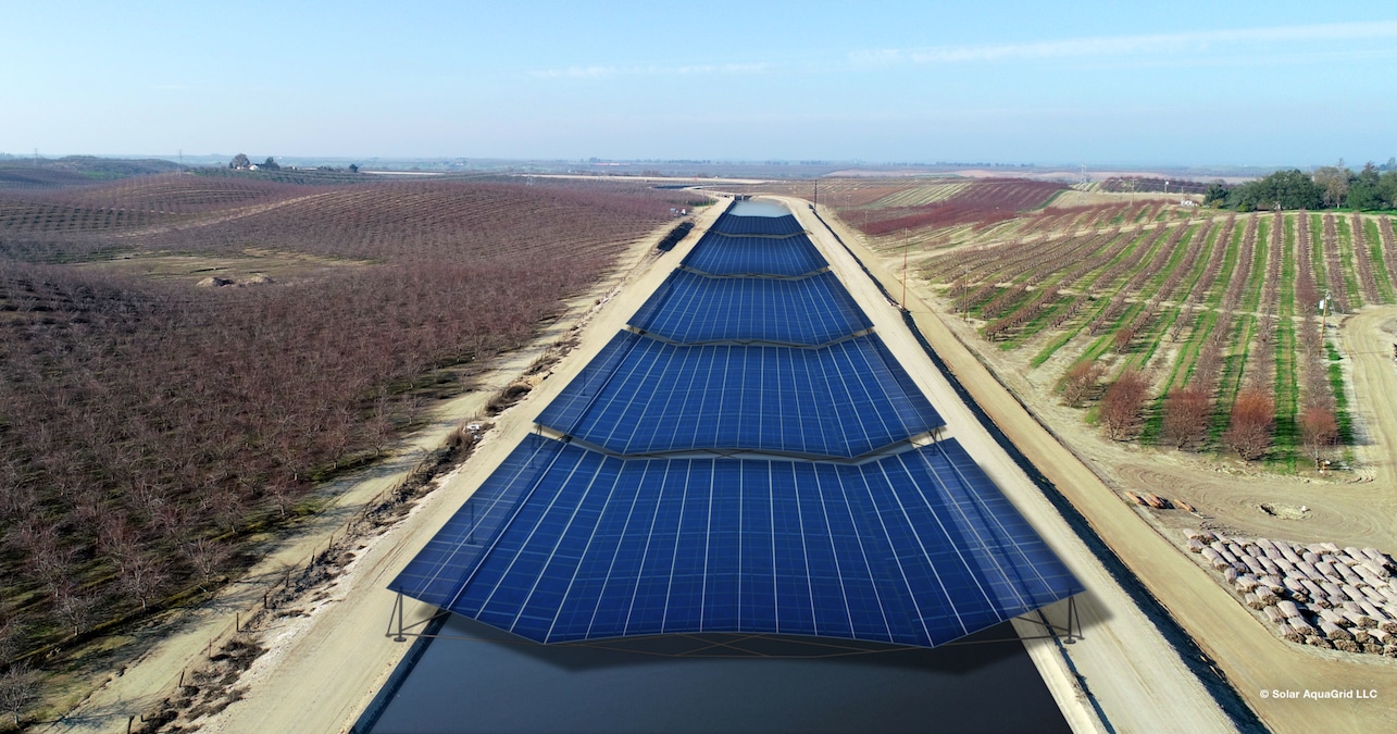 An artist's rendering of solar panels above a canal.