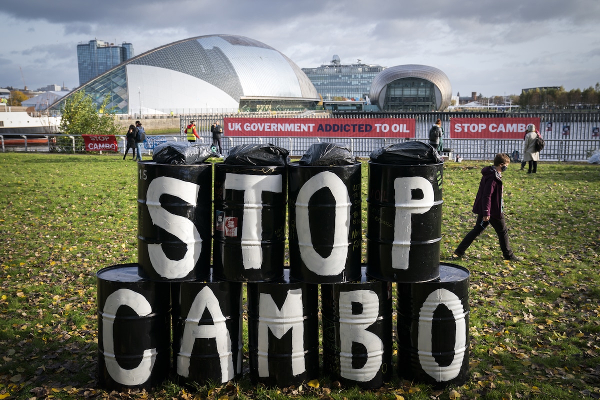 Activists protest the Cambo oilfield project.