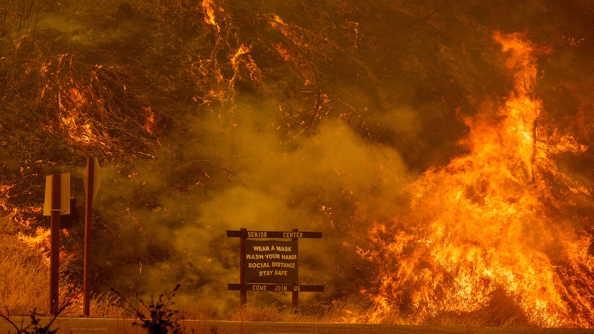 A sign warning about COVID-19 is overtaken by flames during the 2020 California wildfire season.