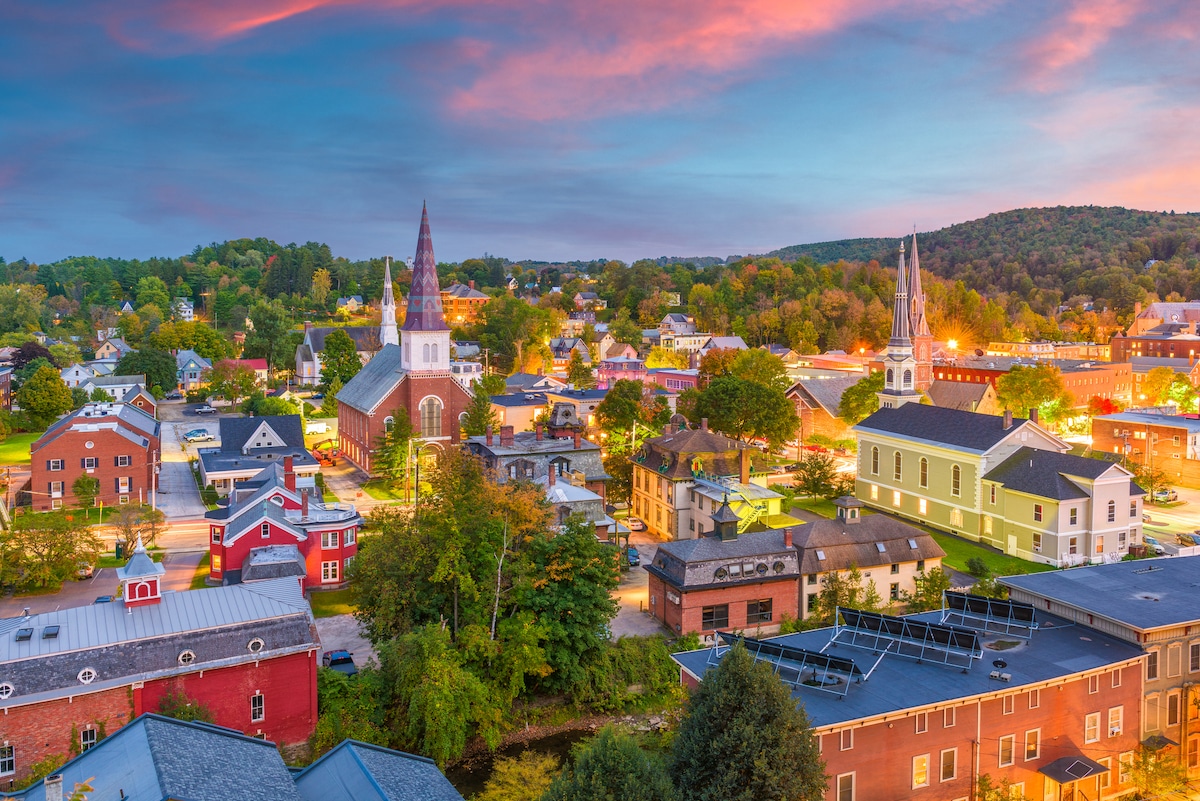 The skyline of Montpelier, Vermont at twilight.