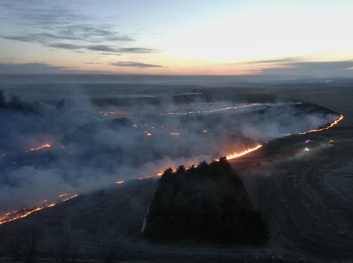 A drone photo of wildfires in Nebraska.