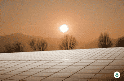 hazy sunset shining on solar panels