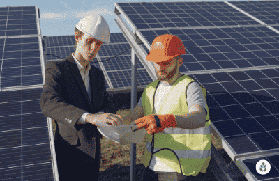 workers looking at plans for installing solar panels