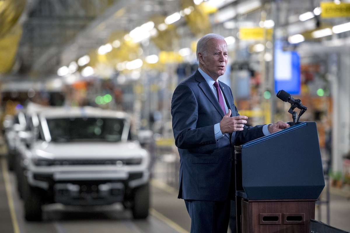 President Joe Biden speaks at the General Motors Factory ZERO electric vehicle assembly plant