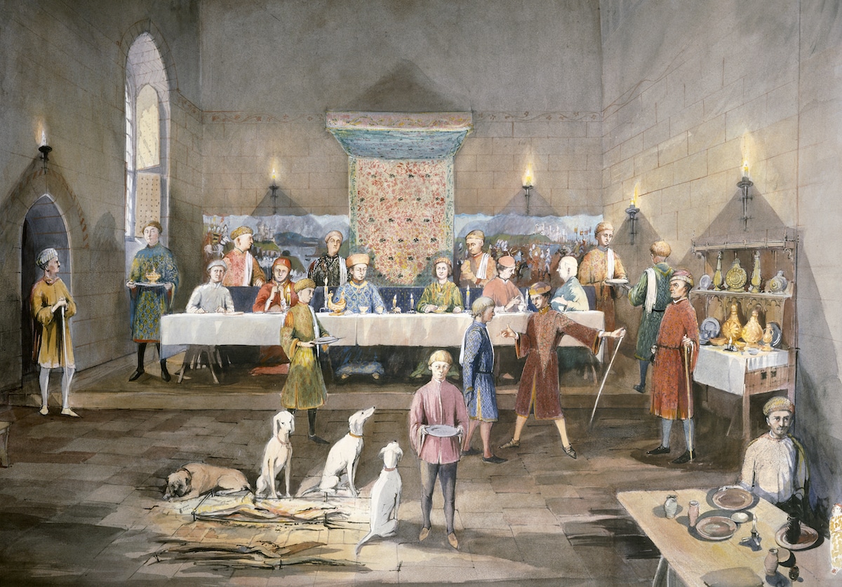 A reconstruction drawing of a feast at Arthur's Hall