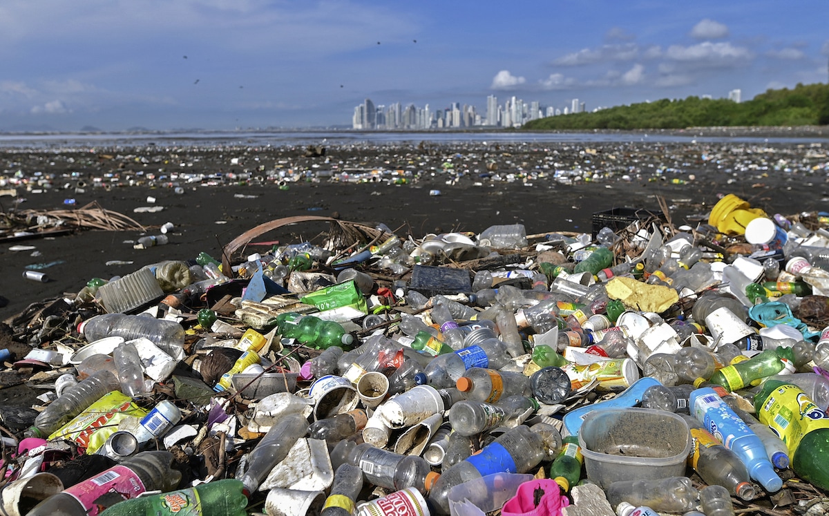 Plastic pollution at the beach of Costa del Este in Panama City