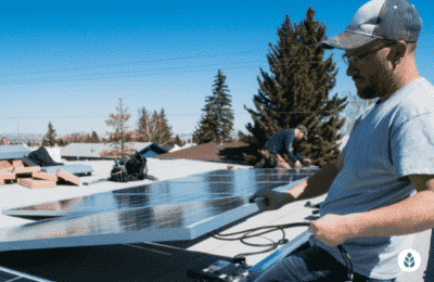 men installing solar panels on a house roof