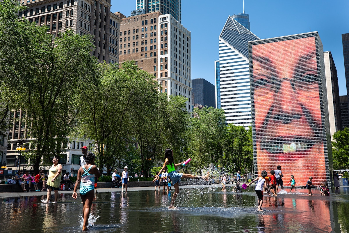 People cool off at Crown Fountain in downtown Chicago