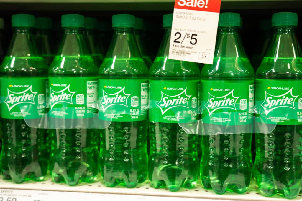 Bottles of Sprite, a lemon-lime beverage produced by the
