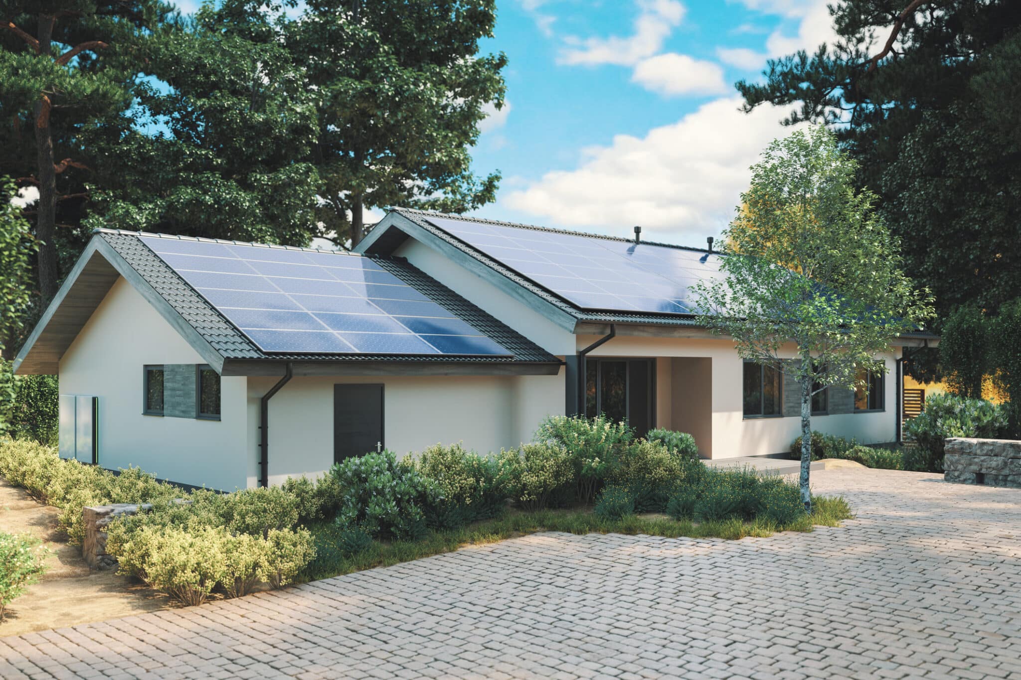 Modern single storey house with solar panels and wall battery for energy storage.