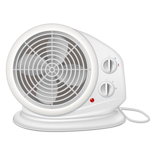 Electric heater with fan, radiator appliance for space heating. Icon of domestic heater with electric cord. 3D illustration isolated on white background