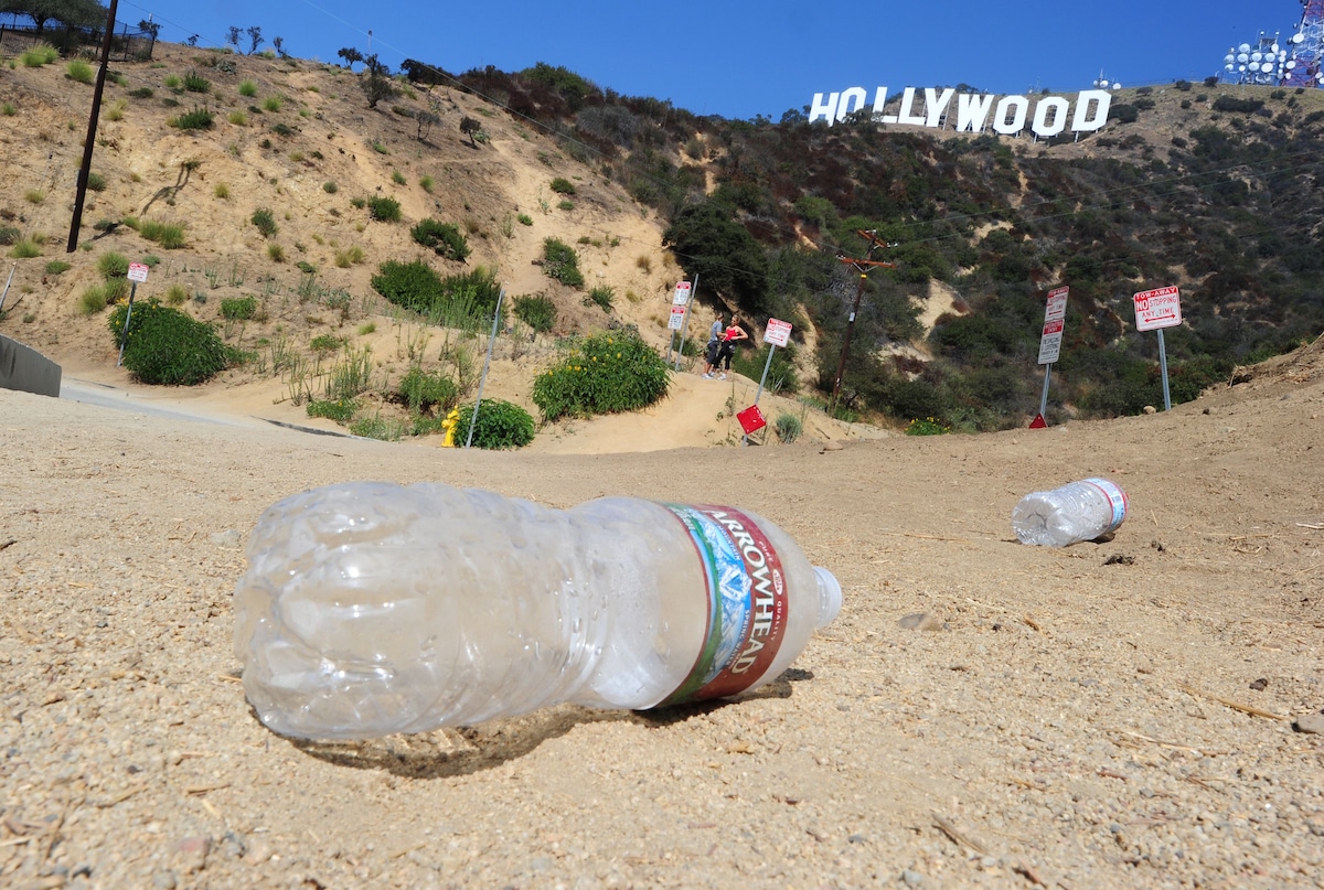 Plastic water bottles litter the ground in the residential Hollywood Hills section of Hollywood, California