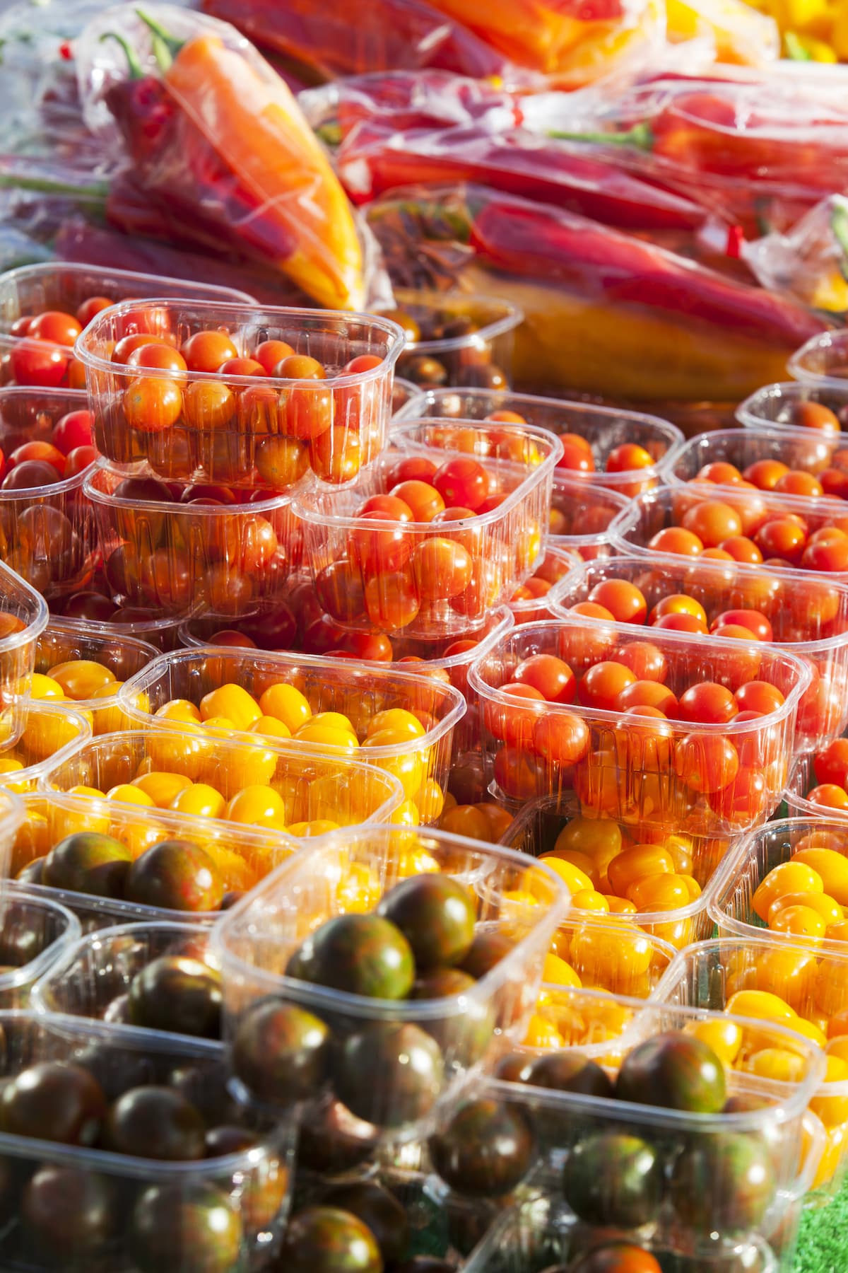 Tomatoes in plastic containers at a farmers market in Cumbria, UK
