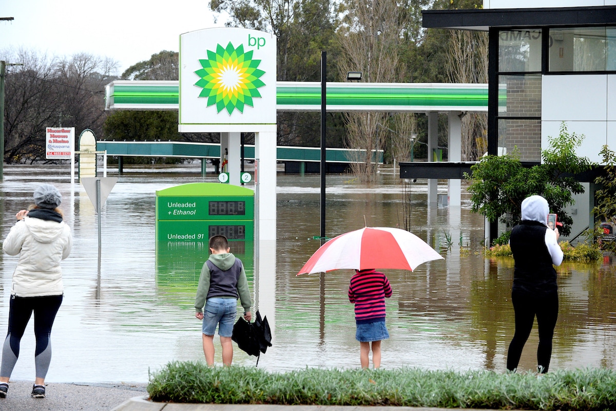 A flooded BP gas station in Sydney, Australia