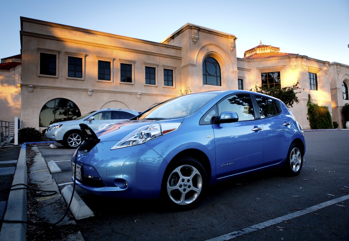 An electric car at an EV charging station in San Diego, California