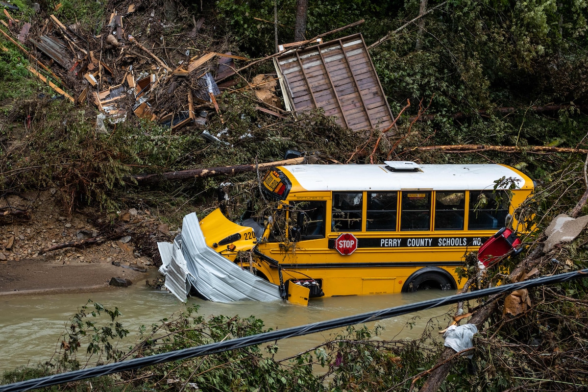 A school bus in a flooded creek near Jackson, Kentucky
