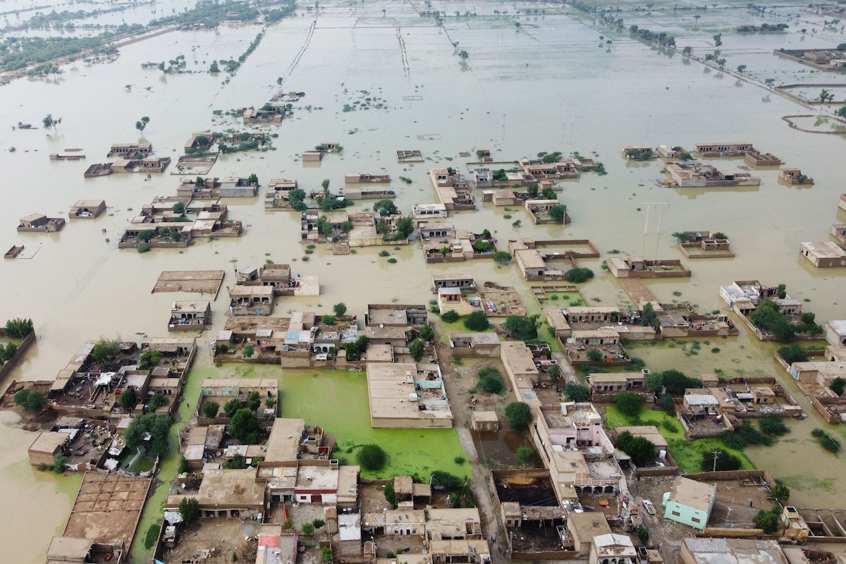 Aerial view of a flooded residential area in Pakistan