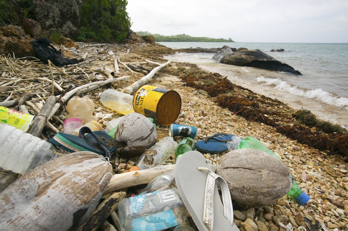 Plastic pollution and other litter on a beach on Malolo Island, Fiji