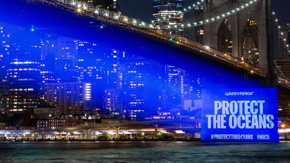 Greenpeace USA activists project a call to "protect the oceans" on the Brooklyn Bridge