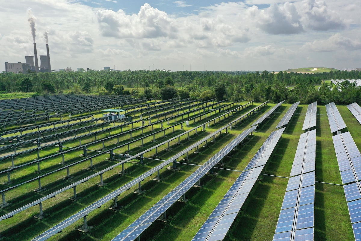 Aerial view of the 6 megawatt Stanton Solar Farm outside of Orlando, Florida