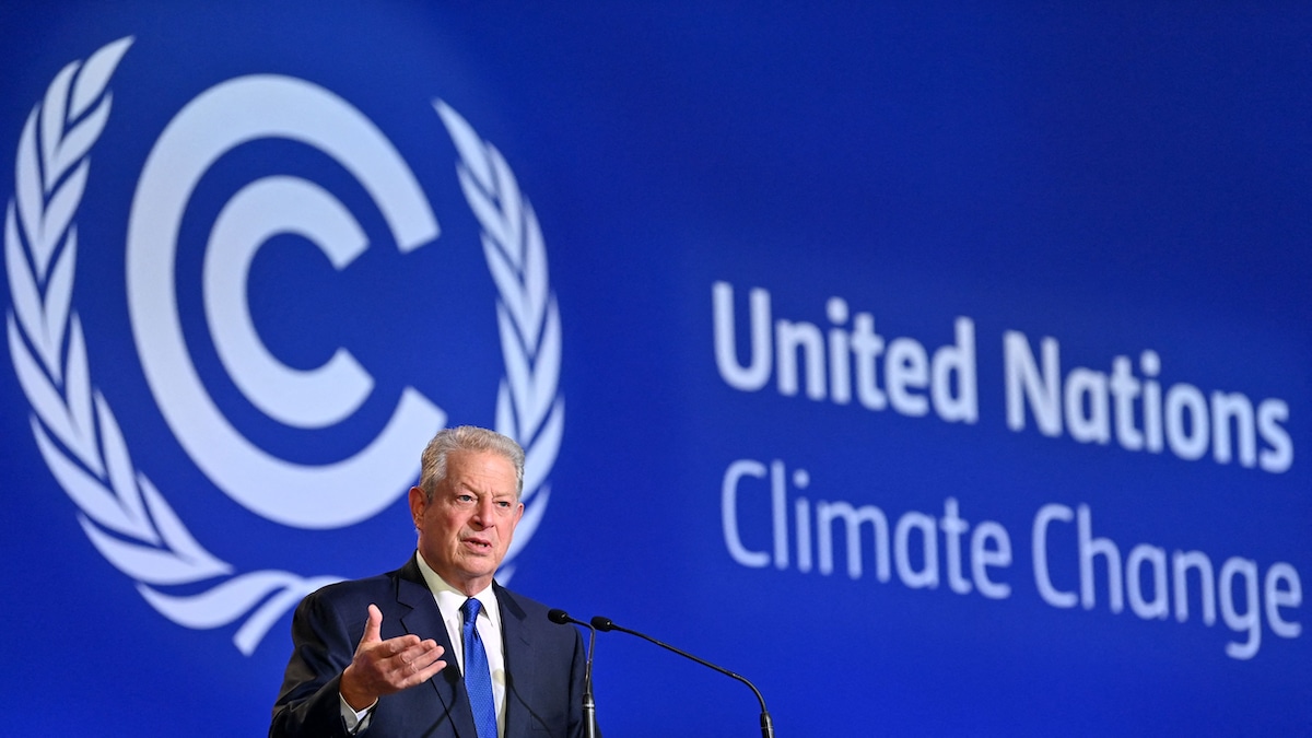 Former U.S. Vice President Al Gore delivers a speech at the COP26 UN Climate Summit in Glasgow in 2021