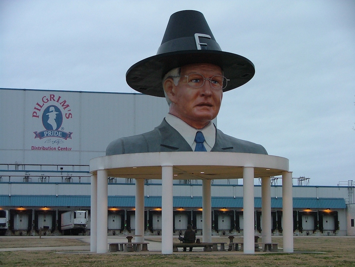 Bo Pilgrim statue at Pilgrim’s Pride distribution center in Pittsburg, Texas